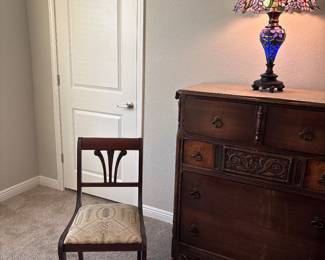 Duncan Phyfe-style mahogany lyre-back chair with patterned upholstered seat. 