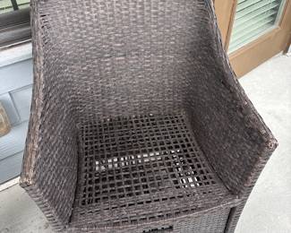 Small forever wicker outdoor patio chairs with nesting foot stools and storage table H 16" at seat x 22" x 20"
table 19” diameter X17” tall