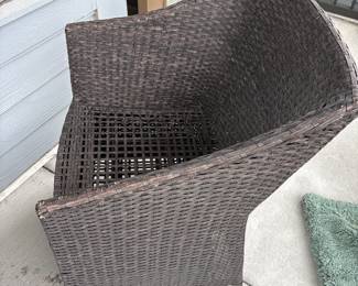 Small forever wicker outdoor patio chairs with nesting foot stools and storage table H 16" at seat x 22" x 20"
table 19” diameter X17” tall