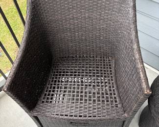 Small forever wicker outdoor patio chairs with nesting foot stools and storage table H 16" at seat x 22" x 20"
table 19” diameter X17” tall