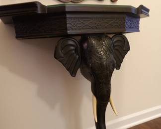 VINTAGE HAND CARVED WOOD  ELEPHANT HEAD WALL CONSOLE TABLE 