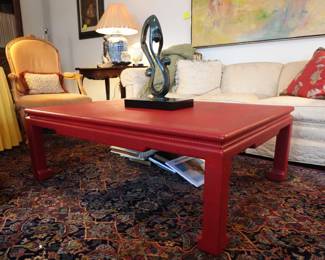 VINTAGE MODERN KARL SPRINGER INSPIRED ASIAN STYLE RAFFIA RED LAQUER COFFEE TABLE 