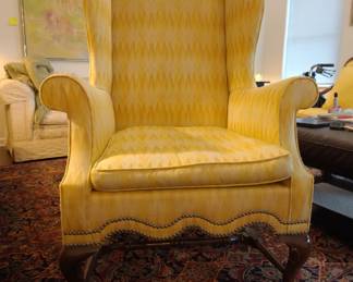 VINTAGE SILK UPHOLSTERED QUEEN ANNE WINGBACK CHAIR, HIGH END DESIGNER FABRIC