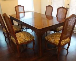 VINTAGE CHIPPENDALE CARVED DINING TABLE WITH FRENCH BRUNSCHWIG & FILS CHAIRS, FABRIC