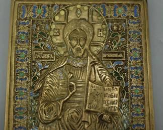19C RUSSIAN BRONZE & ENAMEL ICON OF JESUS CHRIST HANGING PLAQUE