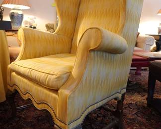 VINTAGE SILK UPHOLSTERED WINGBACK CHAIR, HIGH END DESIGNER FABRIC