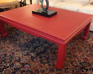 VINTAGE MODERN KARL SPRINGER INSPIRED ASIAN STYLE RAFFIA RED LAQUER COFFEE TABLE 