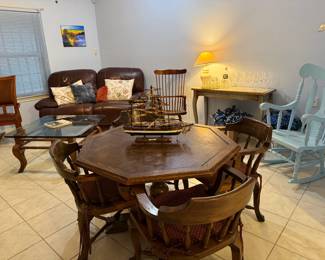 Game table, love seat, beautiful glass coffee table and sofa table,  Three fantastic rockers for that special someone