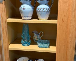 Northwood Dugan Blue Glass Corn Vase, Daisy and Button candy bowl, Southpaw left handed souvenir pitcher