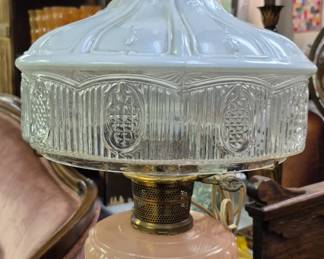 Vintage and modern lighting and lamps. Vintage electrified oil lamp with "As Is" hairline crack shade 