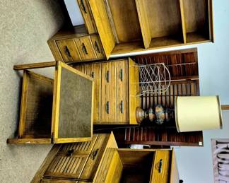 Vintage MCM Ranch Oak bedroom furniture. 2 pcs. bookcase desk, chest of drawers, night stand, side table and credenza sold separately or as a set.