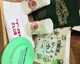 "Pearl" thermos mugs, "The Roux We Do" cookbook, "Johnny Fry's Food and Drink", "Rod's Hallmark Shop" and "Y-Fry Club" apron