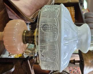 Vintage and modern lighting and lamps. Vintage electrified oil lamp with "As Is" hairline crack shade 