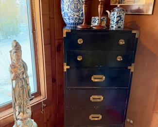 Mid Century Chinese Black Chinoiserie Tall Chest