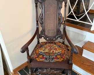 Antique Tall Back, " Throne" Style Jacobean Revival , England Late 19th Century, Carved