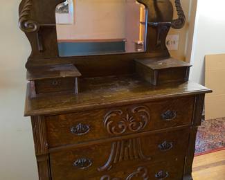 Antique Mahogany Beveled Mirror, Figural Carved, Pillars, Sideboard