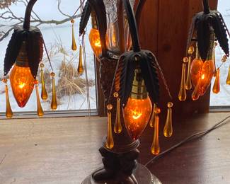 Antique Art Deco Nymphs, Figural, 3 Branch Leaf, Amber Tear Drop Prisms,Epergene