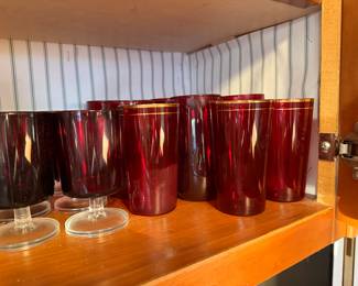 Mid Century Red Footed, Red ONLY 3 Gold Rims.