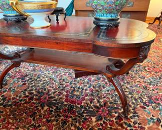 Vintage Mahogany Carved Leather Top Coffee Table