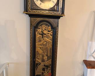 Vintage Chinese Black Lacquer Chinoiserie Colonial Zeeland Grandfather Clock, Brass Weights. Hand Painted Gold Motiffs