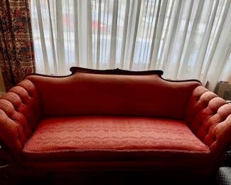 Antique Duncan Phyfe. Tufted. Carved. Fringe. Silk Brocade. Sofa. Excellent Condition