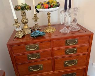 Vintage Campaign Style Chest of Drawers Chinoiserie Brass Hardware. Hollywood Regency