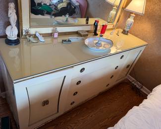 Mid Century White Lacquer Chinoiserie Low Boy with Mirror