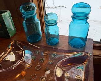 Mid Century Serve Ware, Mid Century Blue Glass Apothecary Jars