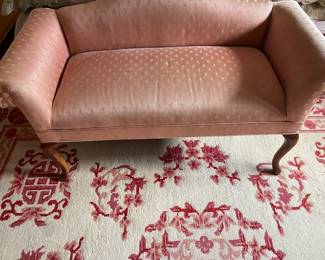 Vintage Pink Silk Settee, Queen Anne Legs
