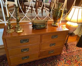 Vintage Campaign Style Chest of Drawers, Chinoiserie ,Brass Hardware