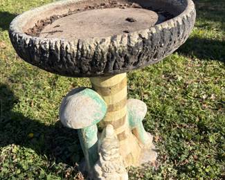 Adorable Birdbath with Gnome & Mushroom decorations