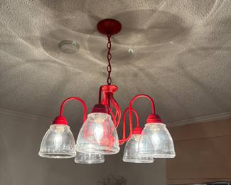 28 180.00 Dining room chandelier red metal & glass globes 27Hx21W- buyer needs to be able to take it down.