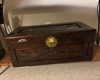 44 98.00 Asian scarved wood chest trunk 27x12x11