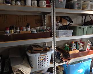 Storage shelves, paint supplies