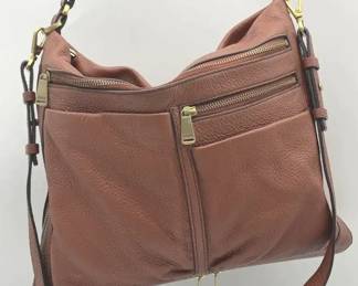Brown pebbled leather Fossil Piper crossbody bag with multiple zippered pockets