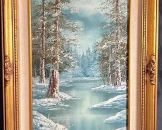 Beautiful vintage winter landscape oil painting by Phillip Cantrell, featuring a serene snowy forest