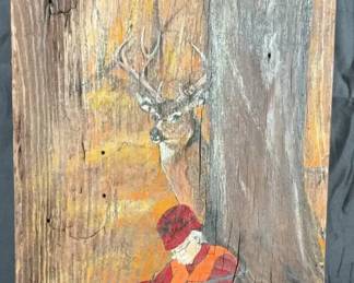 Signed Folk Art Painting on Wood Slab Hunter  Deer Scene, Pasquali