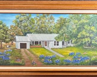 Landscape Oil Painting featuring a House and Texas Bluebonnet Wildflowers.