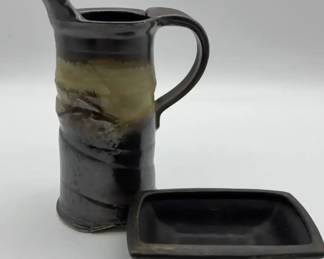 Handcrafted Studio Pottery Pitcher with Matching Tray Modern Rustic Style