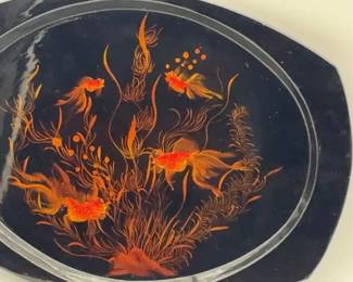 Oval Black Lacquer Tray with Gold Red Floral Design