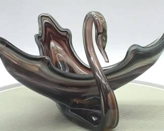 MuranoStyle Art Glass Swan Bowl with Brown Swirl