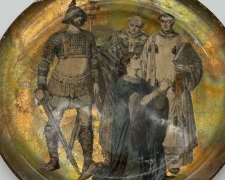 Vintage decorative foil art plate with a historical scene.