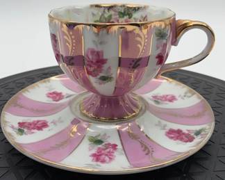 Lefton China HandPainted Teacup  Saucer, Pattern 546, Pink Roses  Gold