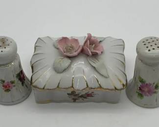 Vintage Royal Sealy porcelain trinket box with floral decoration and shakers.