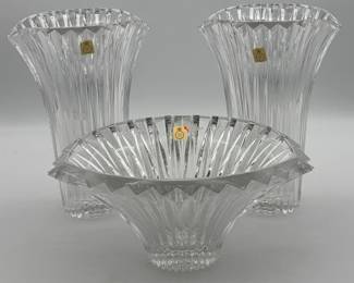 A set of two Crystal Bleikristall vases and a centerpiece bowl