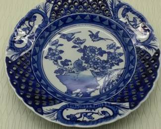 Blue White Pierced Rim Porcelain Plate Marked