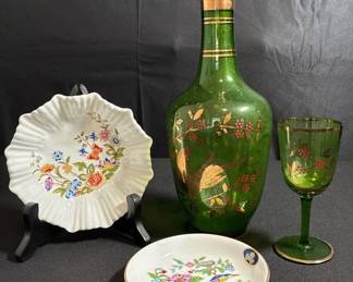 2 Vintage Aynsley Cottage Garden Dish  HandPainted Green Glass Decanter  Cordial Glass