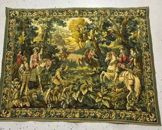 Vintage Woven Tapestry Medieval Hunting Scene with Riders on Horseback
