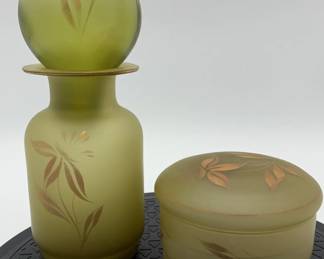 Vintage Ardalt Satin Art Glass Vanity or Bedside Set with HandPainted Gold Leaf Motifs