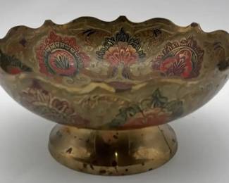 Vintage Indian Brass Pedestal Bowl with Peacock Floral Enamel